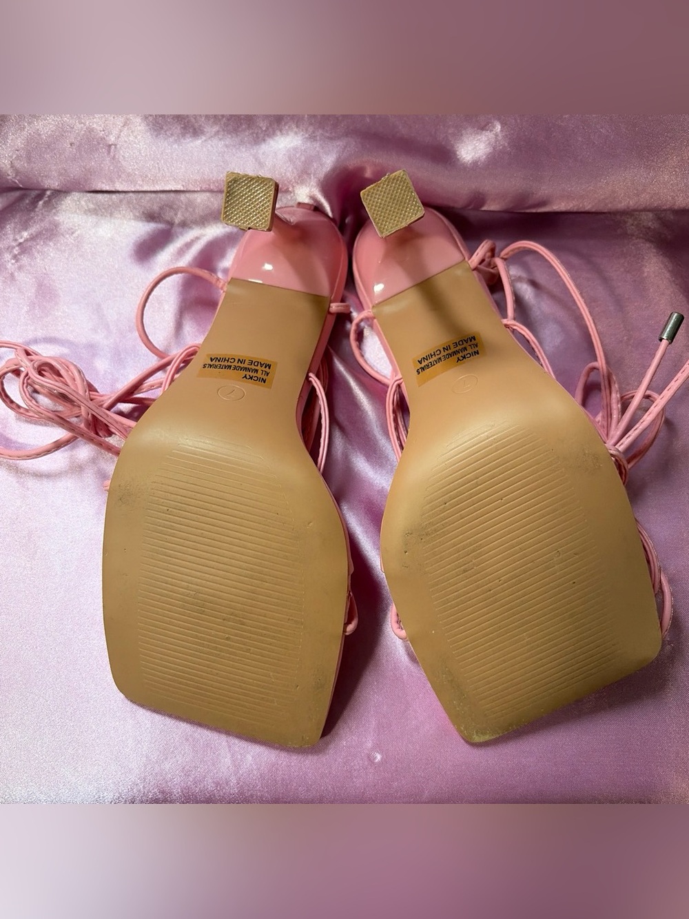 Pink Strappy Lace-Up Women's Heeled Sandals - Picture 4 of 7